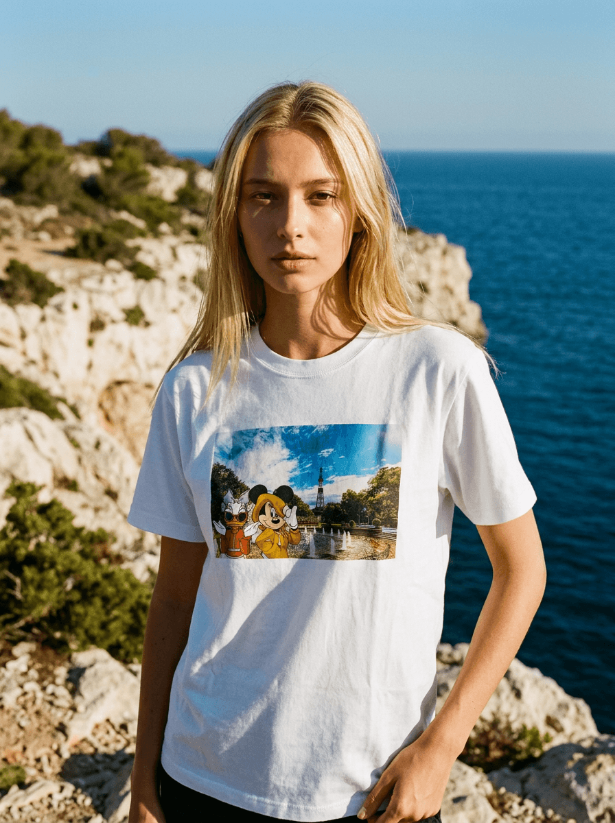 ディズニーデザインのTシャツを着たモデルのルックブックビジュアル