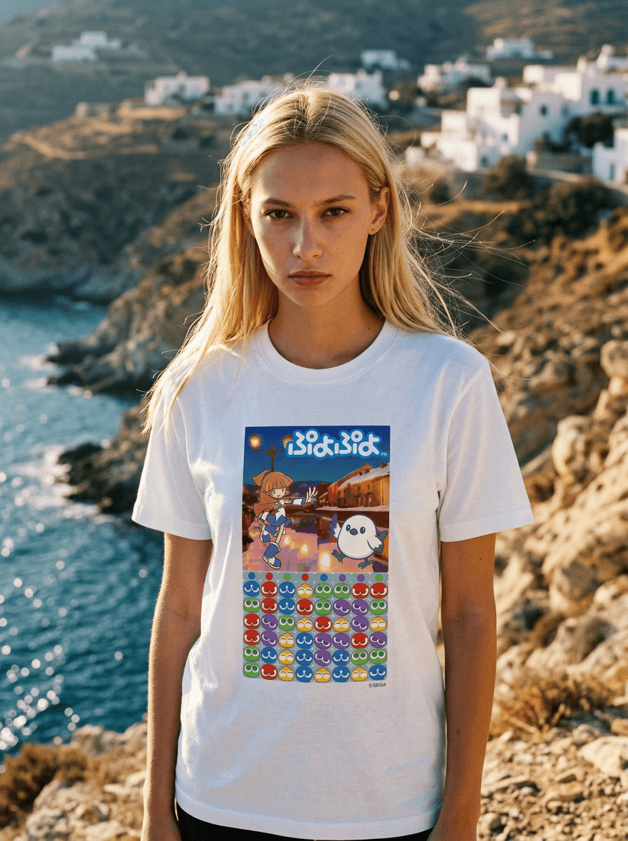 ぷよぷよ小樽運河ナイトデザインの白いTシャツを着たモデル